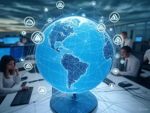 Global digital network connecting people and data in a modern office setting.