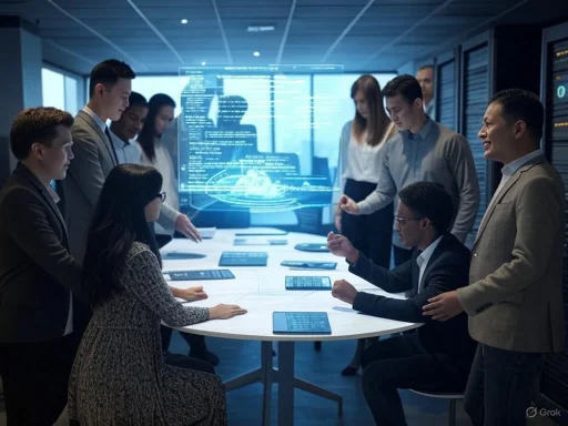 A diverse group of professionals is engaged in a discussion around a conference table in a modern office with a holographic display.