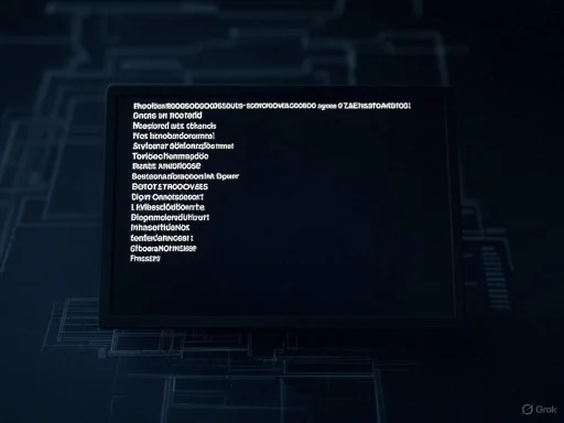 A computer screen displays seemingly jumbled, distorted text on a dark, technical background.