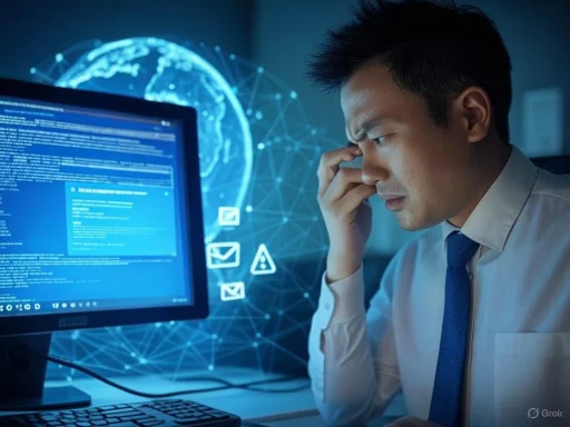 A stressed man in a business shirt and tie looks at a computer screen with code, surrounded by digital threats and global network visuals.