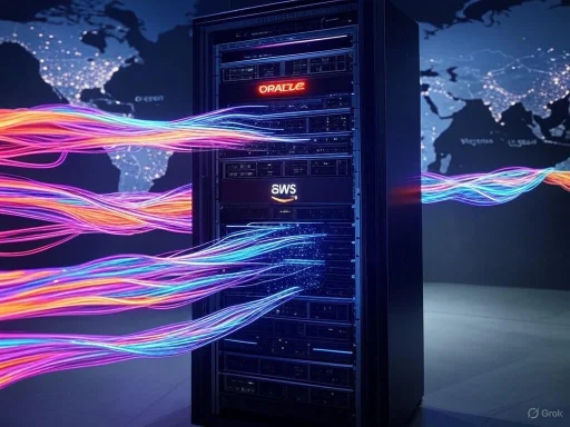 A data server with vibrant digital streams flowing in and out, set against a world map background.