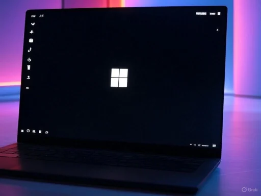 A laptop displaying a black screen with the Windows logo and a custom dark-themed desktop background.