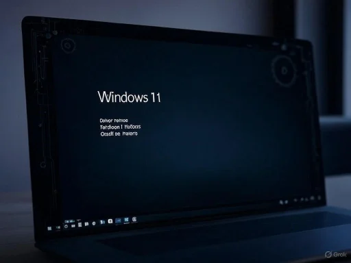 A laptop screen displays the Windows 11 logo with corrupted or garbled text.