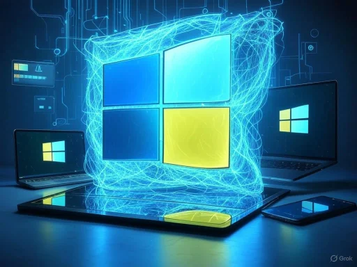 Digital representation of Microsoft Windows operating system across multiple devices with a glowing, futuristic effect.