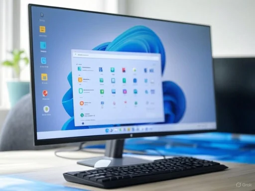 A computer monitor displaying the Windows 11 desktop with start menu open, on a desk with a keyboard in front. A computer monitor displaying the Windows 11 desktop with start menu open, on a desk with a keyboard in front.