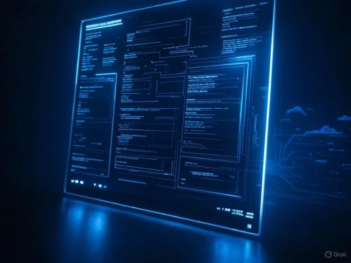 Futuristic digital interface showcasing complex data, code, and graphics in blue neon on a transparent screen.