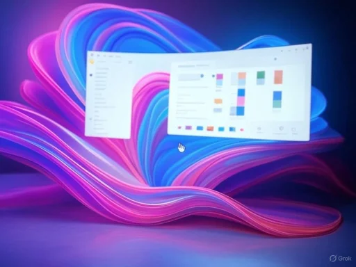 A digital illustration of colorful, flowing light streams surrounding floating computer windows with charts and menus.