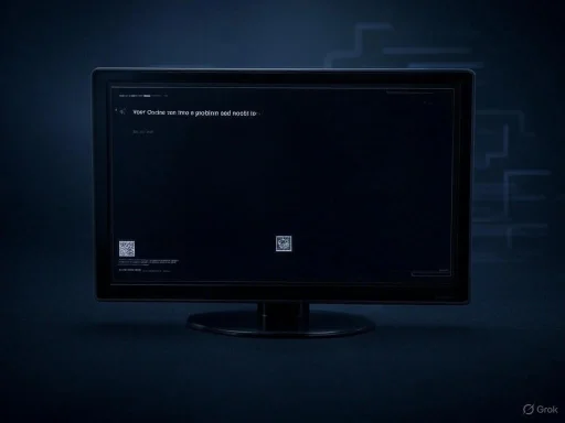 A dark computer monitor displays unreadable error text with QR codes, set against a dark background.