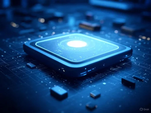A futuristic, glowing digital device embedded in a circuit board, emitting blue light and displaying a galaxy-like pattern.