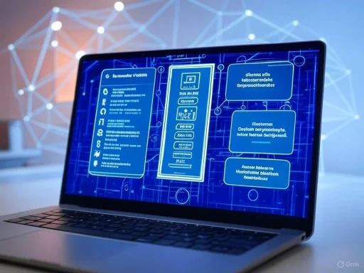 A laptop displays a futuristic blueprint with icons and text, suggesting cybersecurity or technology interface.