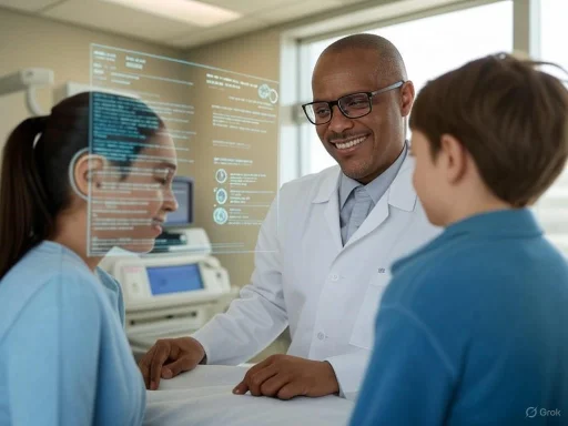 A smiling doctor discusses medical information with a girl and boy in a hospital room. A smiling doctor discusses medical information with a girl and boy in a hospital room.