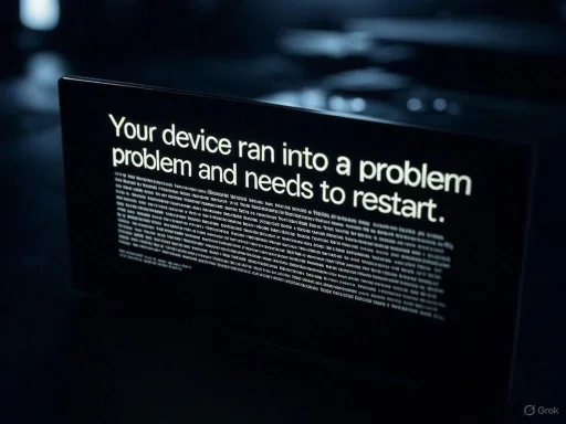 A computer screen displays a 'blue screen of death' error message indicating a device restart is needed. A computer screen displays a 'blue screen of death' error message indicating a device restart is needed.