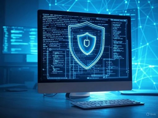 A computer monitor displays cybersecurity graphics with shield icons, code, and digital network lines in a high-tech security setting.