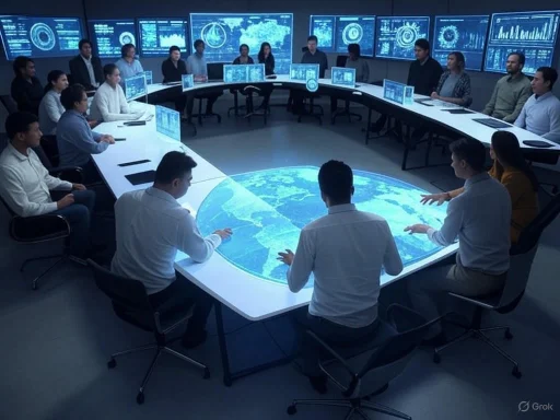 A high-tech control room with a large, interactive digital world map table and multiple monitors displaying data.