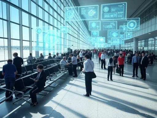 A busy airport terminal with people waiting, engaging, and digital dashboards projected on the glass ceiling.