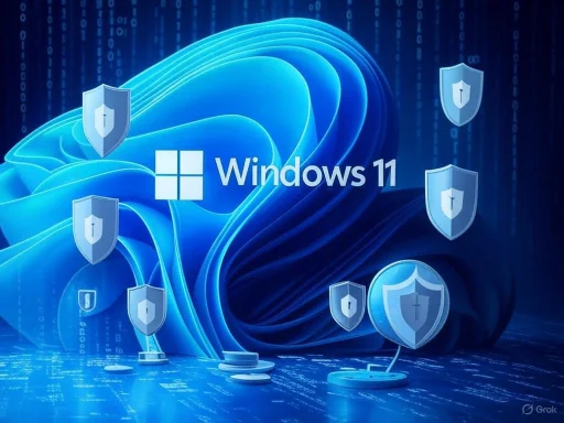Windows 11 logo surrounded by security shields symbolizing cybersecurity and protection.