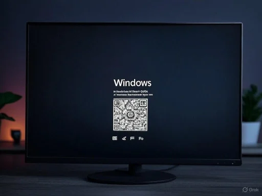A computer monitor displaying a Windows setup screen with a QR code on a dark background.