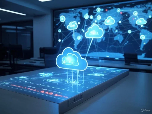 Interactive digital tablet displaying cloud computing icons and a world map in a high-tech conference room.