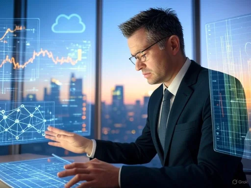 A businessman interacts with futuristic digital data and graphs in a high-tech office overlooking a city skyline.