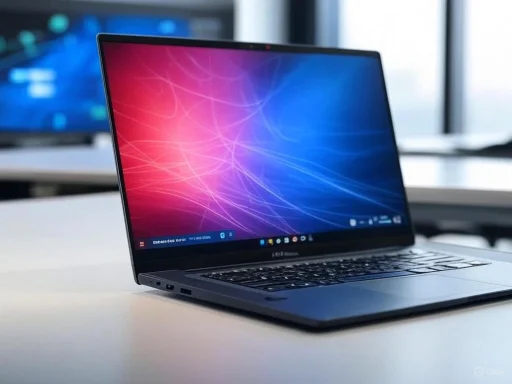 A sleek, modern laptop with a colorful, abstract wallpaper on its screen, placed on a white desk in an office setting.