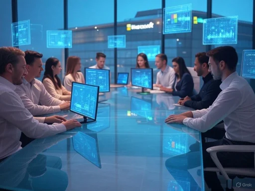 A team of professionals in a high-tech conference room collaborates with holographic digital displays and multiple monitors. A team of professionals in a high-tech conference room collaborates with holographic digital displays and multiple monitors.
