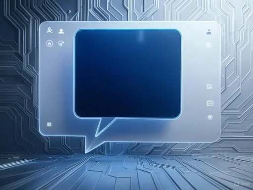 A digital chat window with icons, set against a circuit board background, symbolizing technology and communication.