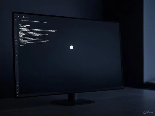 A computer monitor displays lines of code and a small emoticon in a dark, minimalistic environment.