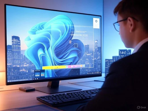 A person in a suit works at a computer with a large monitor displaying Windows 11 interface and a cityscape background. A person in a suit works at a computer with a large monitor displaying Windows 11 interface and a cityscape background.