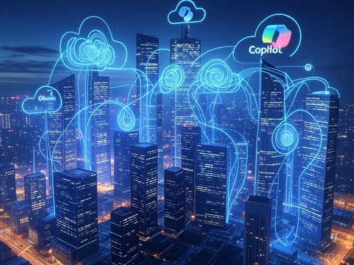 A cityscape at night with digital cloud and data connection graphics representing cloud computing technology.