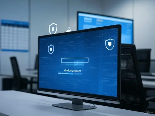 Computer screen displaying a Windows update progress bar in a tech office setting.