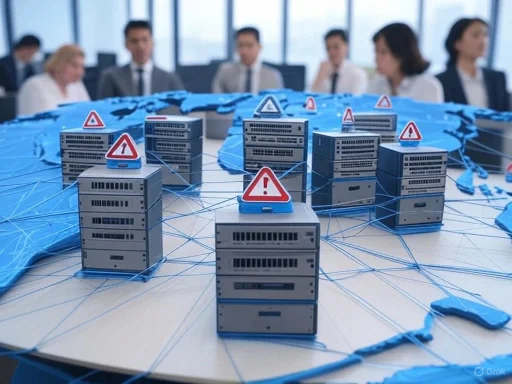 A business meeting discussing cybersecurity risk alerts on a digital global network map.