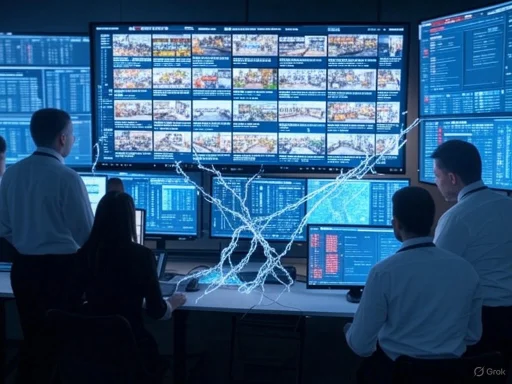 A team of analysts monitors multiple digital screens displaying stock market data, news, and graphics, with a lightning-like visual effect in the foreground.