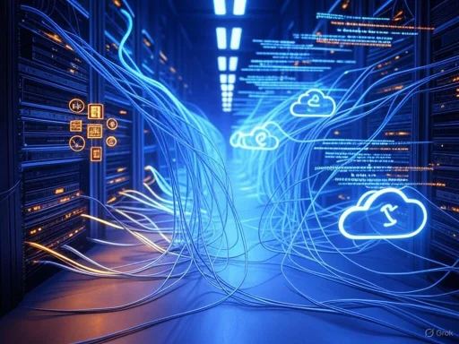 Digital cloud computing network with data cables and cloud icons in a server room.
