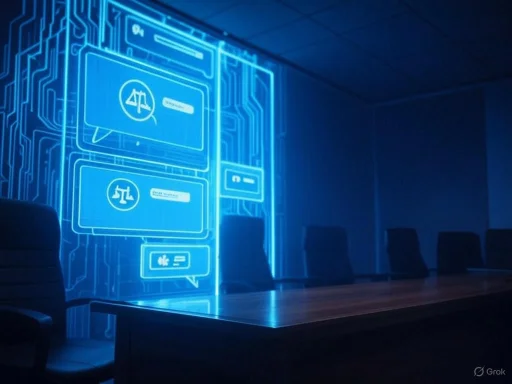 A futuristic conference room with digital blue holographic displays and empty chairs around a wooden table.