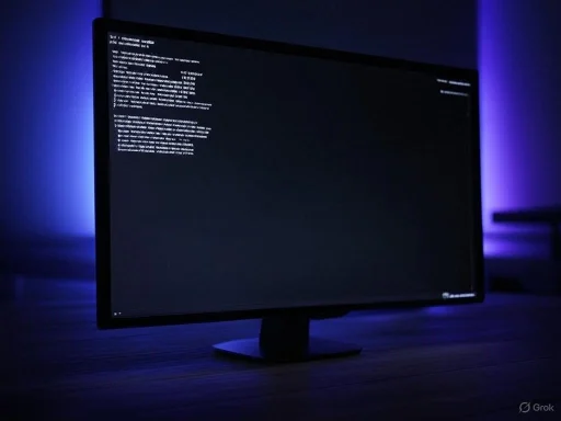 A computer monitor displays lines of code or text in a dark room illuminated by blue light. A computer monitor displays lines of code or text in a dark room illuminated by blue light.