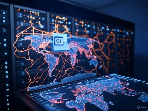 A digital world map displaying global network connections with highlighted cities, on servers and a monitor.