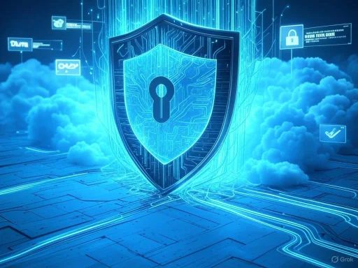 A digital shield with a keyhole symbol represents cybersecurity, surrounded by clouds and futuristic data icons.