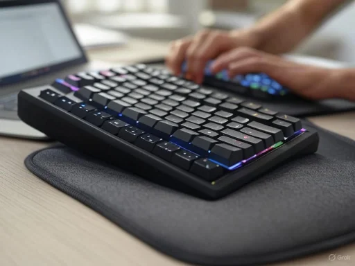 A person types on a backlit mechanical keyboard placed on a desk with a mouse pad and a laptop in the background. A person types on a backlit mechanical keyboard placed on a desk with a mouse pad and a laptop in the background.