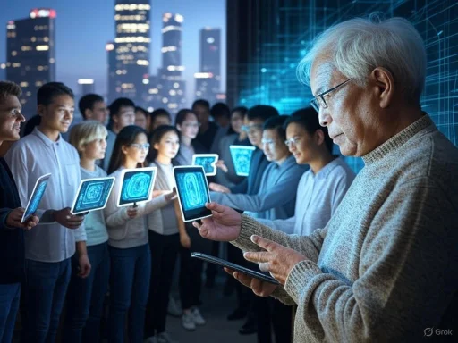 An elderly man leading a group of young professionals with tablets in a futuristic urban setting.
