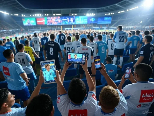 Fans capture a moment during a football match, with players on the field and spectators recording on phones. Fans capture a moment during a football match, with players on the field and spectators recording on phones.
