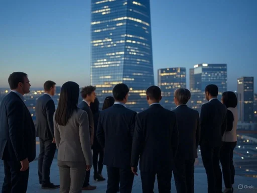 A diverse group of professionals stands on a rooftop overlooking a city skyline at dusk.