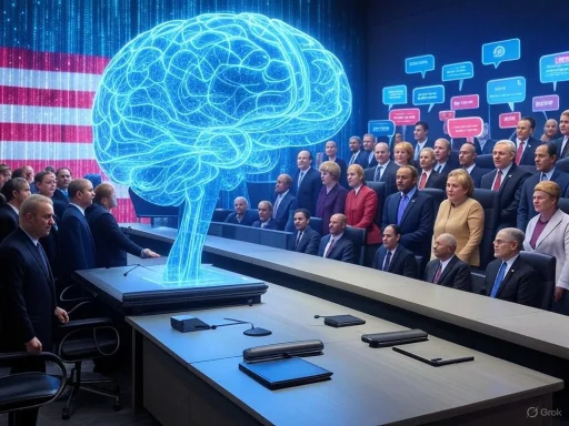 A digital representation of a brain hologram hovers over a conference table, surrounded by attendees in a high-tech meeting.