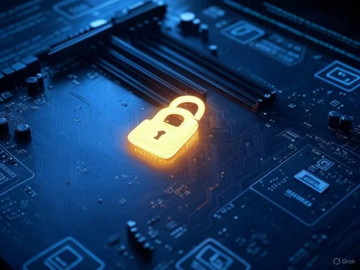 A glowing padlock icon on a computer motherboard, symbolizing cybersecurity or data protection.