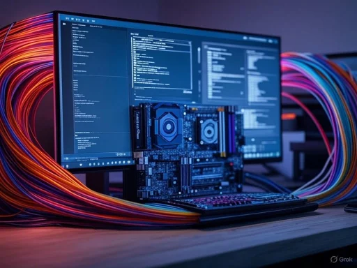 A computer setup with a motherboard, monitor displaying code, and colorful cables arranged aesthetically.