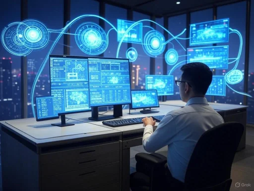 A man monitors data and graphics on multiple screens in a high-tech control room with a city skyline background.