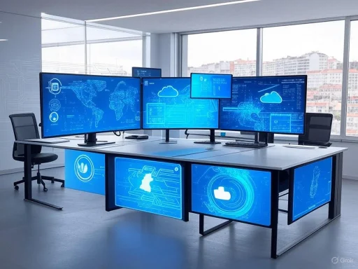 A high-tech control room with multiple monitors displaying digital maps and cybersecurity data.
