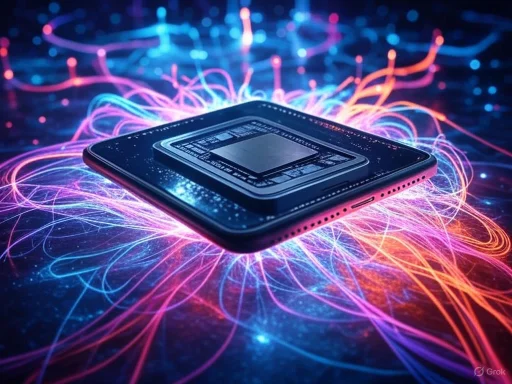 A smartphone with a chip inside, surrounded by colorful electric light patterns, suggesting advanced technology.