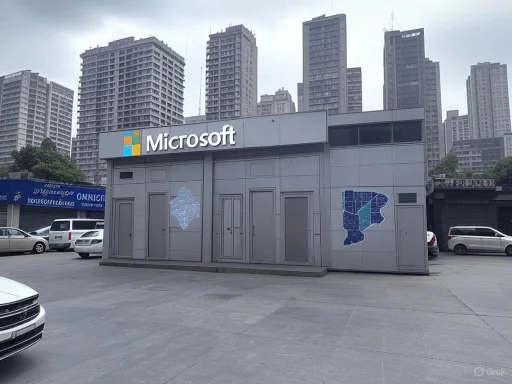 A Microsoft storefront kiosk is situated in an urban area with tall buildings in the background, under an overcast sky. A Microsoft storefront kiosk is situated in an urban area with tall buildings in the background, under an overcast sky.