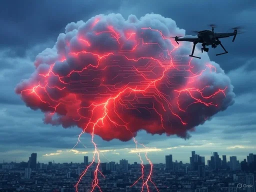 A drone flies near a storm cloud with red lightning and digital circuit patterns, over a city skyline.
