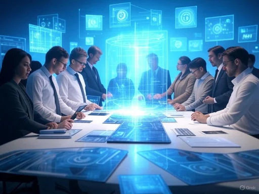 A group of professionals in a futuristic digital meeting with holographic screens and digital interfaces.